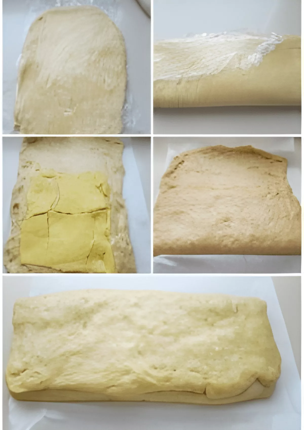Collage showing the layering process: rolling the dough, placing the beurrage sheet to cover two-thirds, and folding the dough into a 3-fold turn.