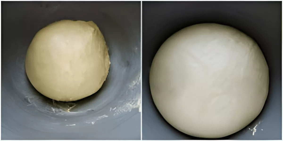 Side-by-side photo showing the first dough before and after proofing.