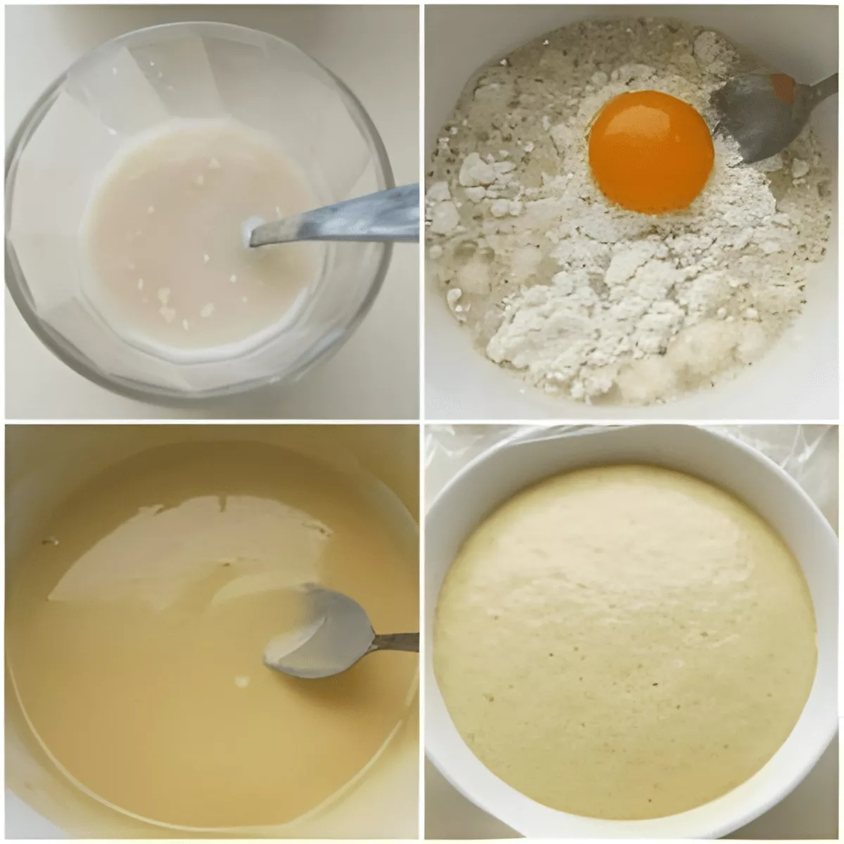 Four-photo collage showing the poolish starter being mixed with flour, egg yolk, and yeast, then proofed until light and bubbly.
