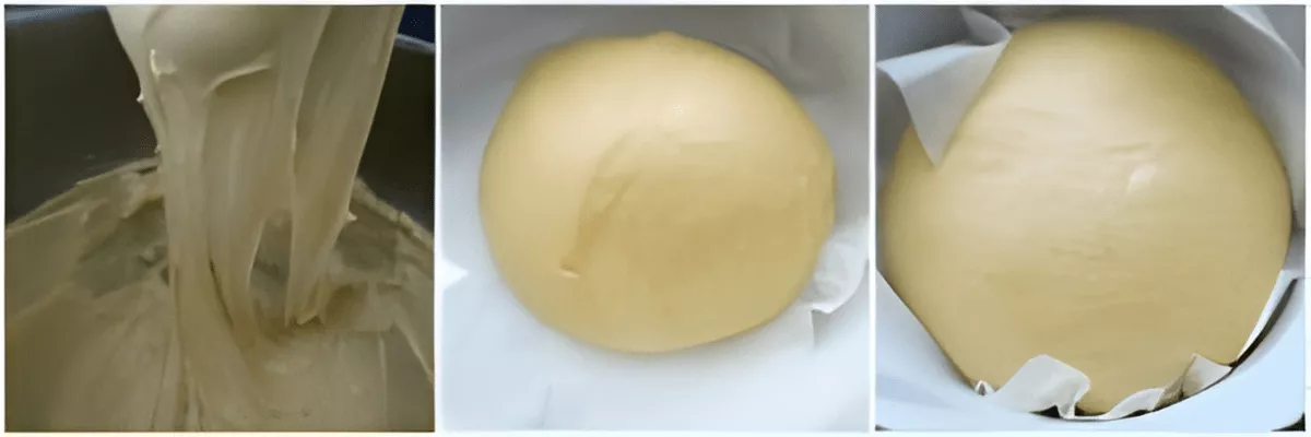 Three-photo collage showing the second dough: elastic dough stretching around the mixer paddle, shaped into a smooth ball, and proofed until doubled in size.