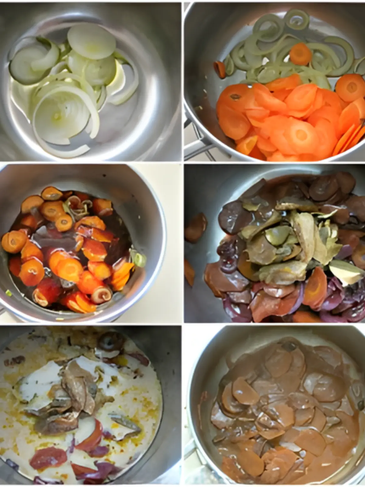 Collage showing onions, carrots, wine reduction, porcini, and cream cooking stages.