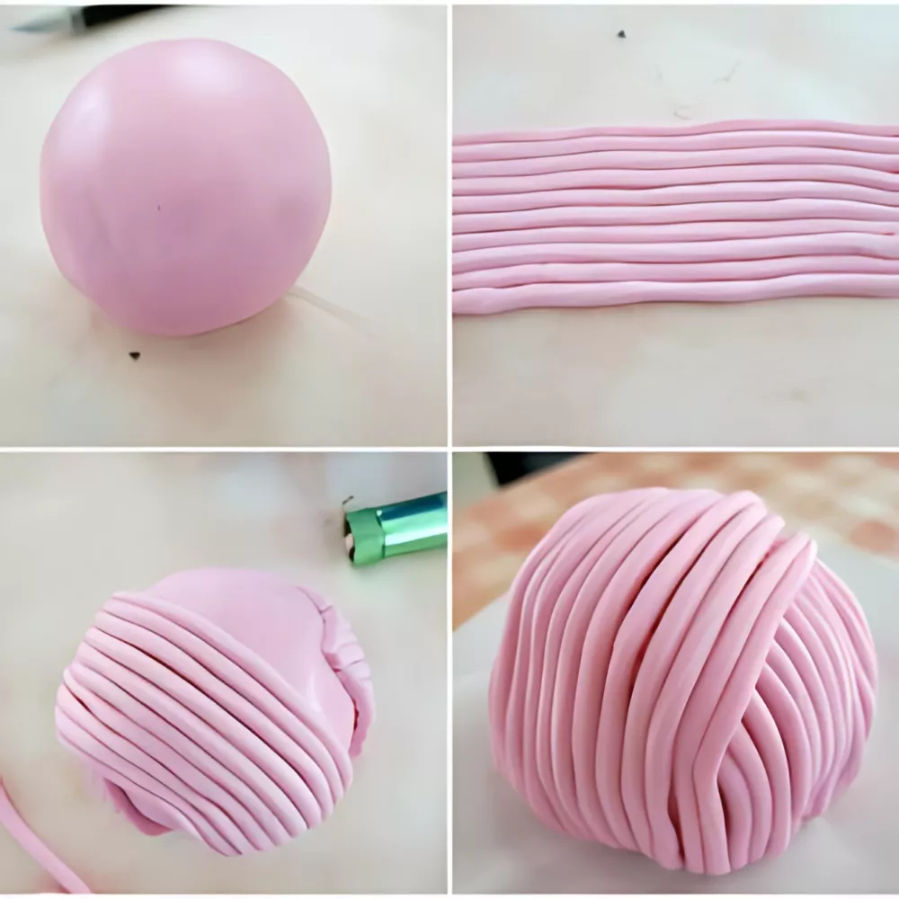 Step-by-step collage showing how to form a pink fondant yarn ball for the Playful Kitten Cake.