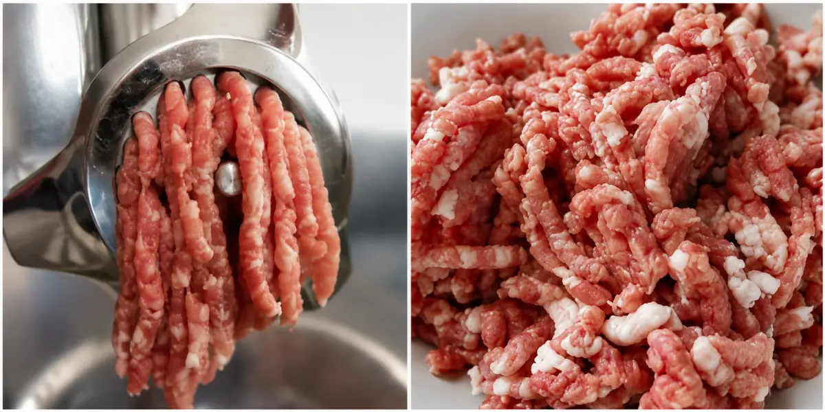 Pork being ground for homemade Italian-style sausages.