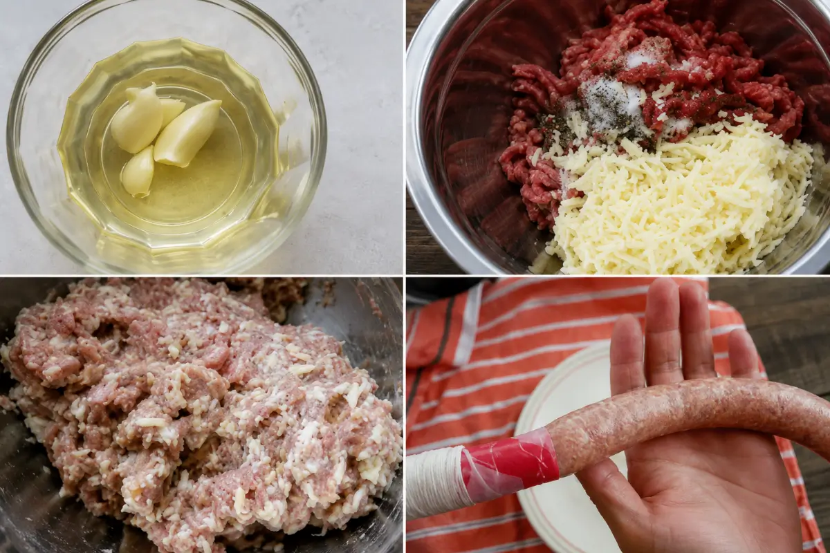Sausage filling with mozzarella and Sun-Dried tomatoes being prepared and stuffed into casings.