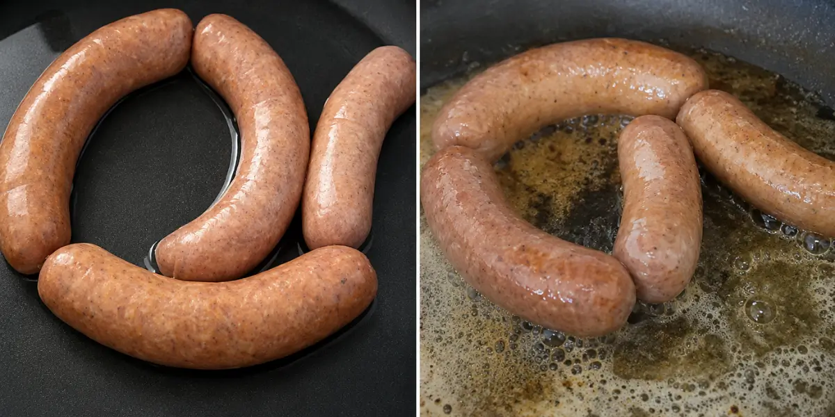 Homemade pork sausages cooking in a frying pan before turning golden brown.