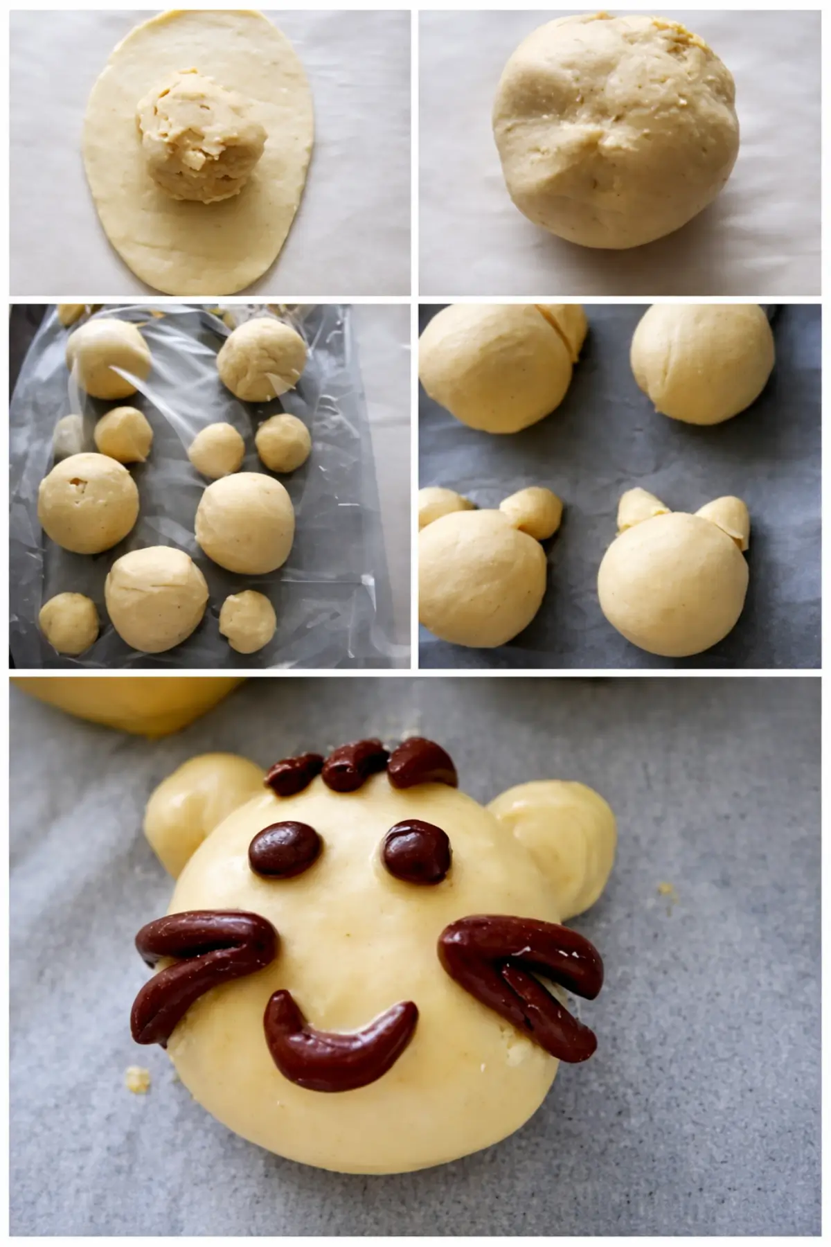 Shaping filled dough portions into small cat faces.