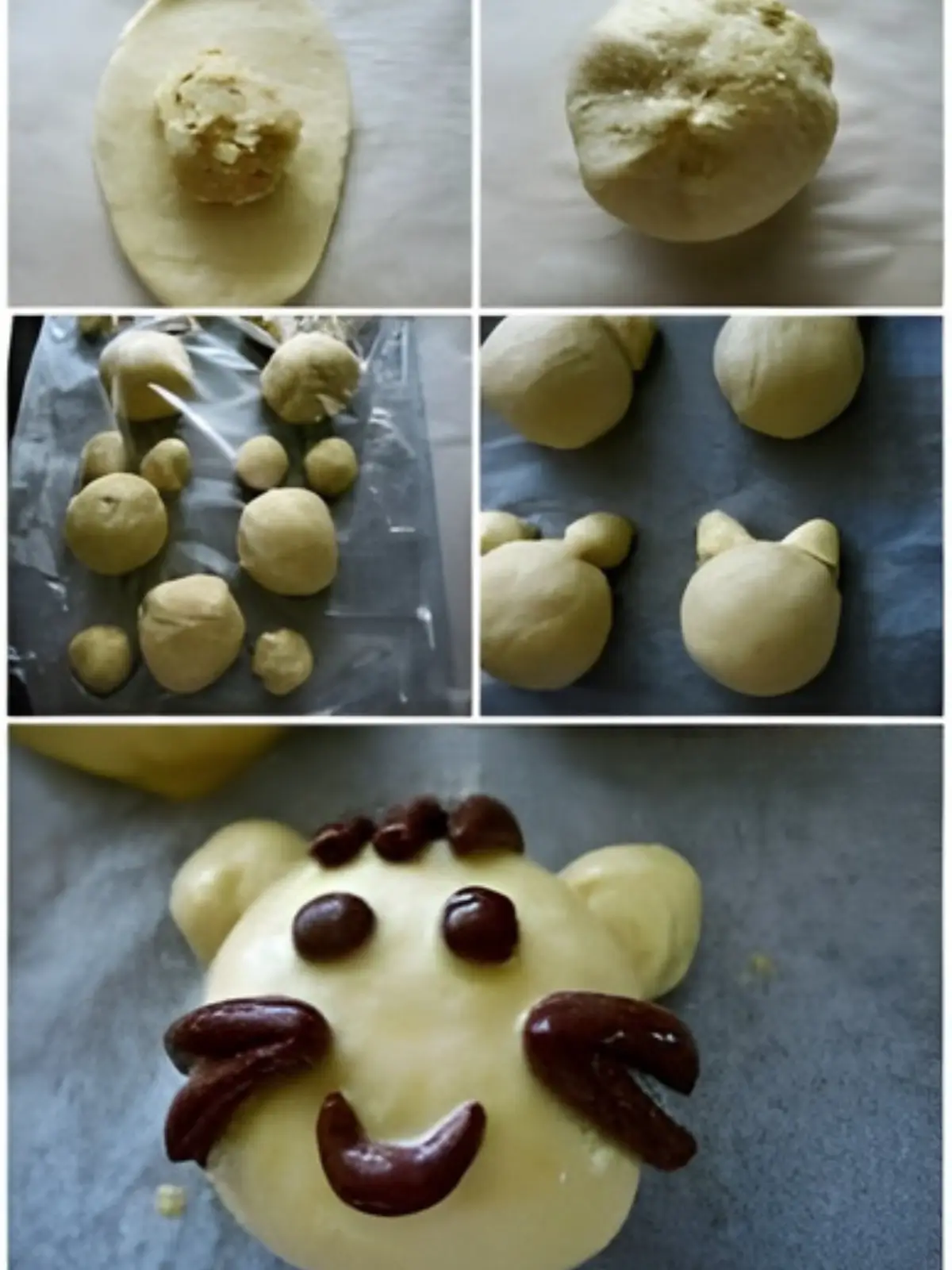 Shaping filled dough portions into small cat faces.