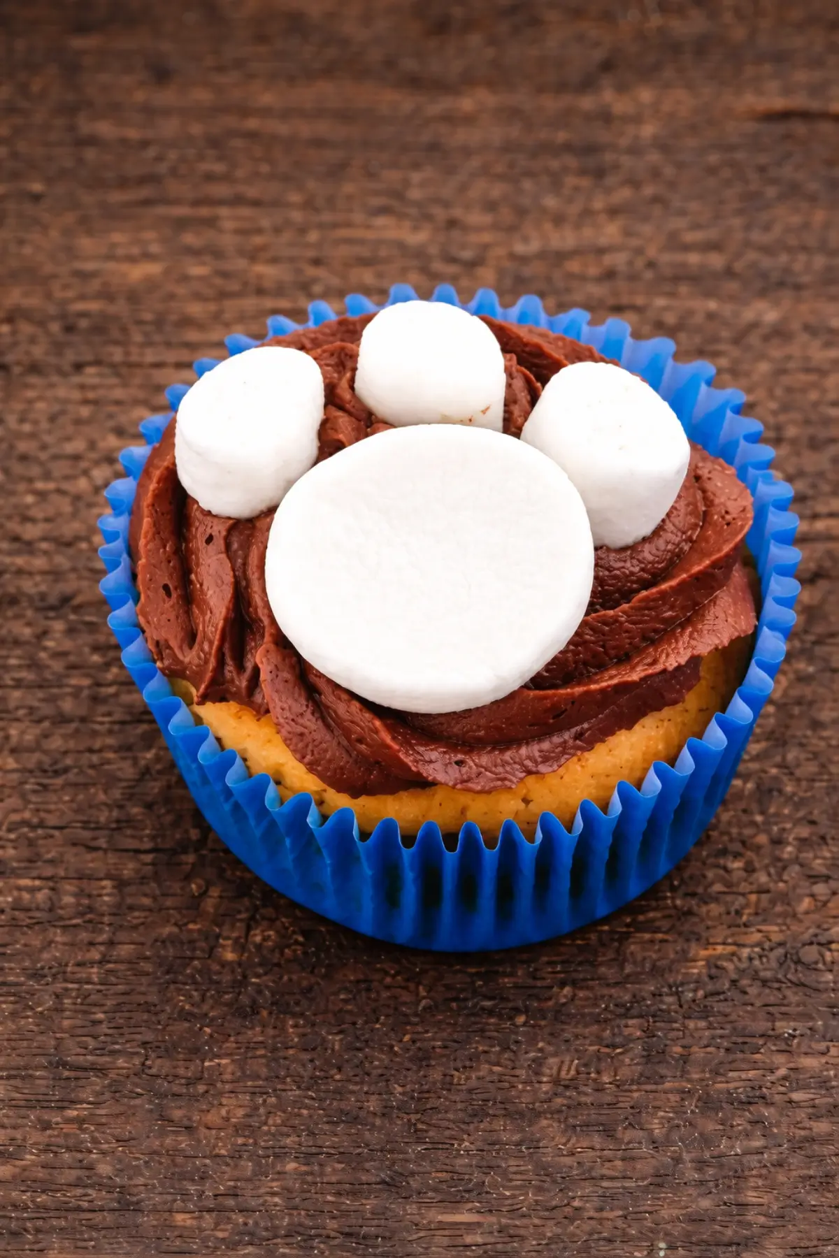 Close-up of a cupcake topped with chocolate icing and marshmallows shaped like a paw print.