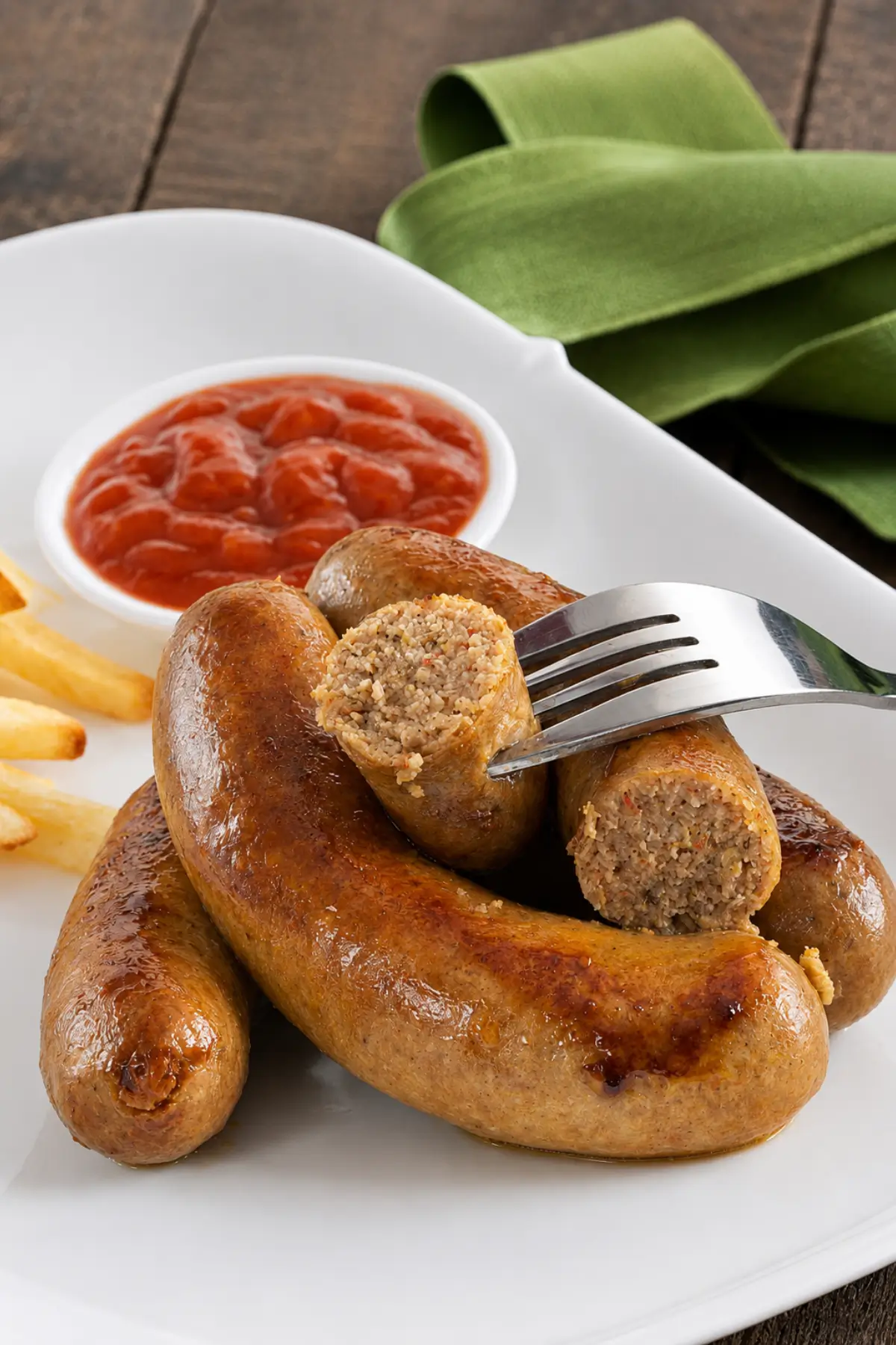 Sliced homemade pork sausage served with chips and tomato sauce on a white plate.