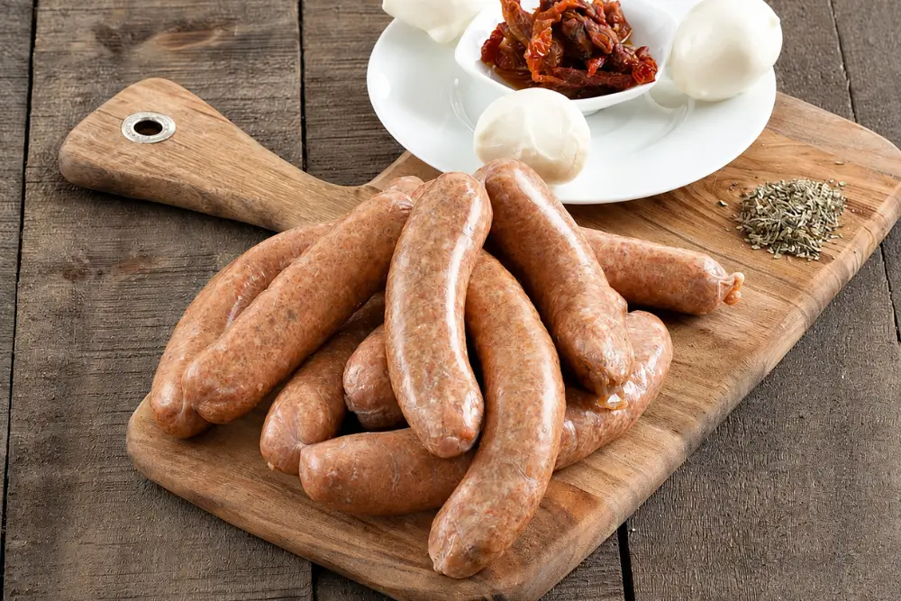 Mozzarella and Sun-Dried Tomato Pork Sausages on a wooden board with mozzarella and Sun-Dried tomatoes.
