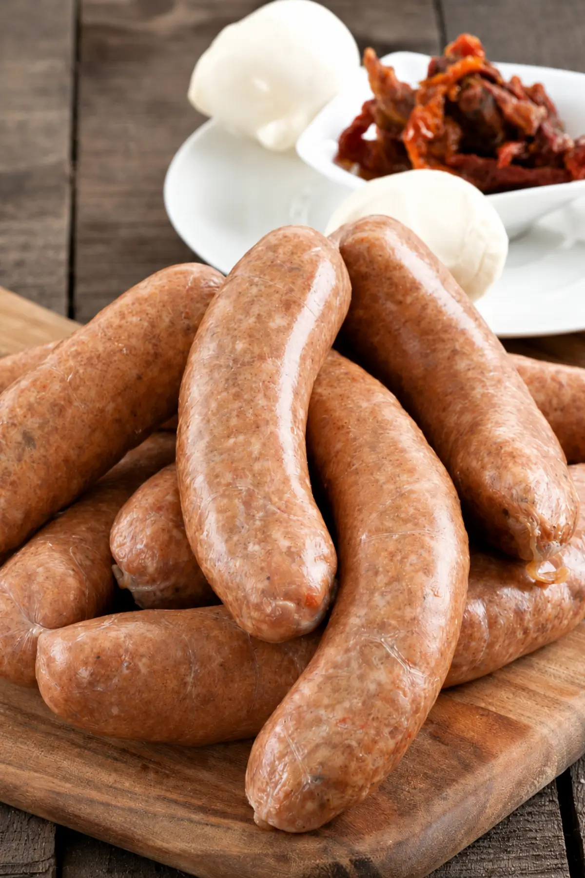 Uncooked pork sausages with mozzarella and Sun-Dried tomatoes on a wooden board.