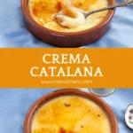 Finished crema catalana with caramelised sugar top served in a terracotta dish.