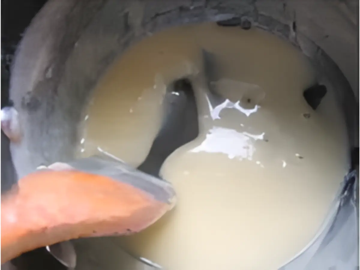 Cooled condensed milk in a pan.