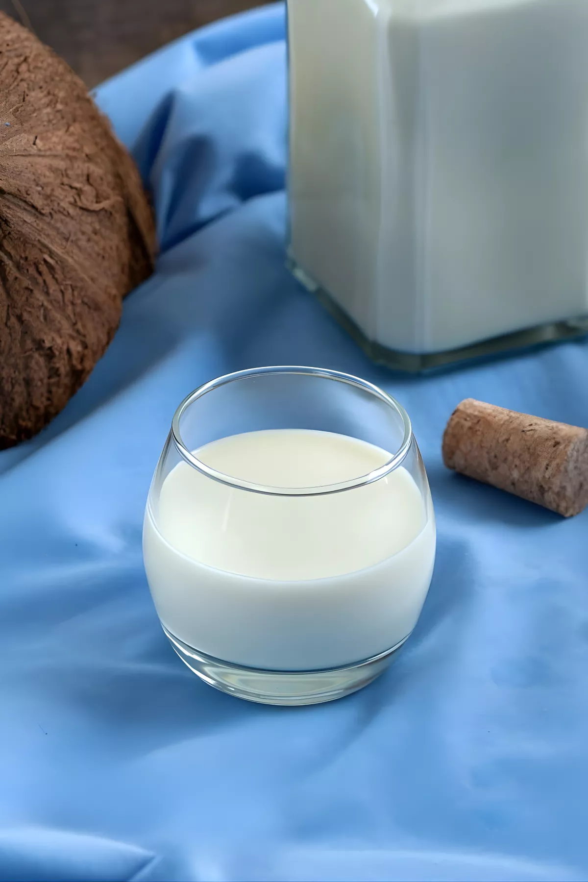 Creamy Coconut Liqueur served in a small glass beside a corked bottle and fresh coconut on a blue cloth.