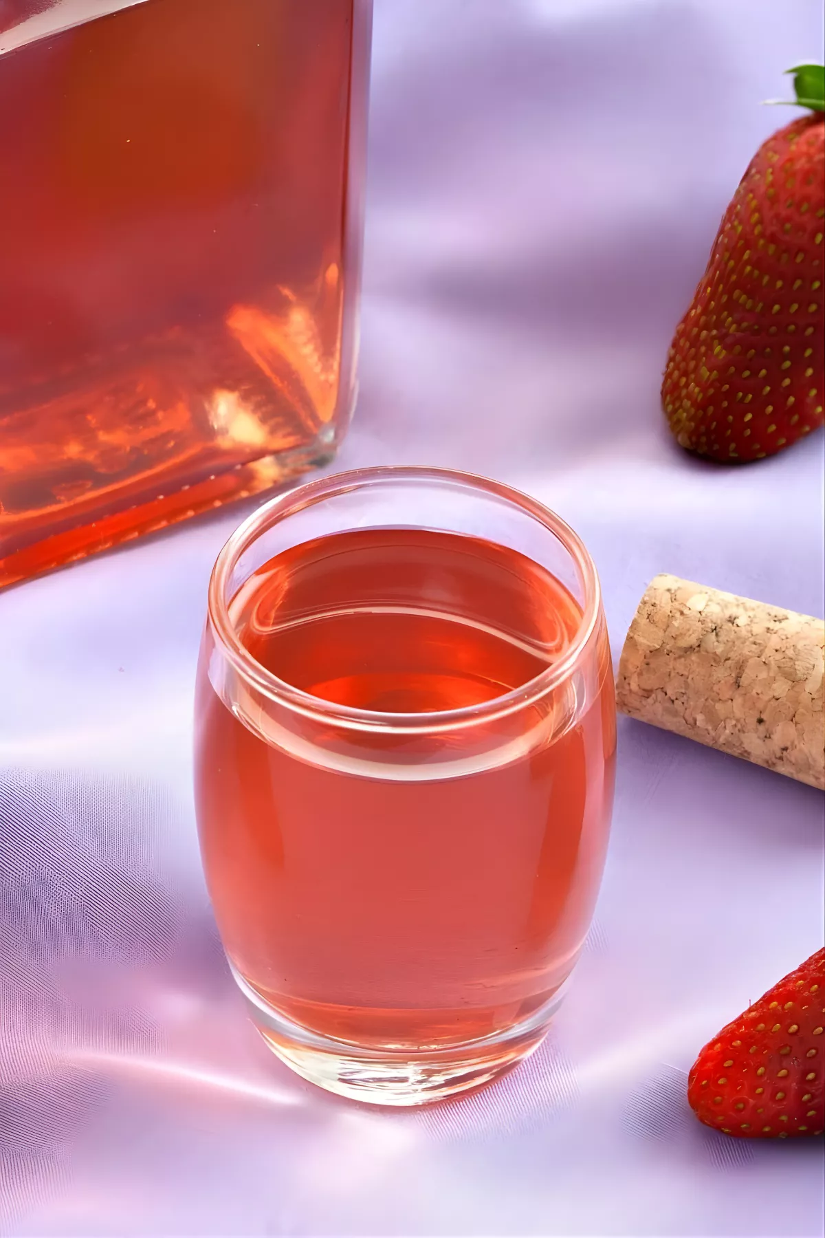 Bright red Fragolino Liqueur served in a small glass beside fresh strawberries and a cork on a purple cloth.