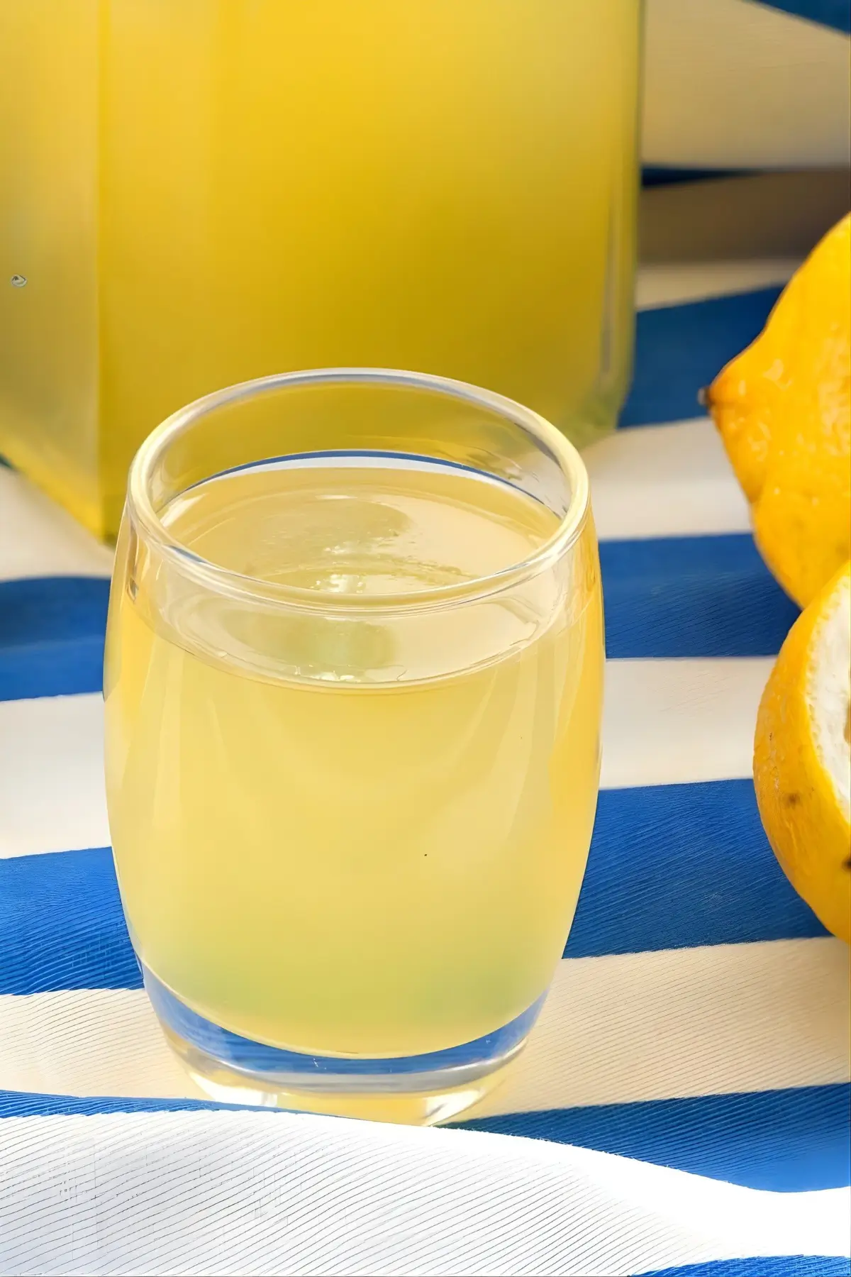 Classic Italian Limoncello served in a clear glass on a striped cloth with fresh lemons in the background.
