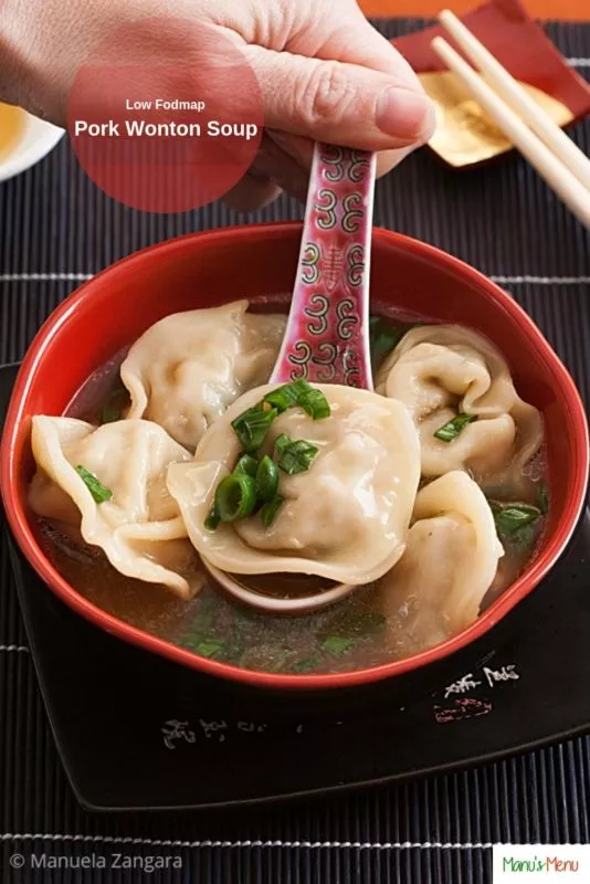 A warm bowl of pork wonton soup with dumplings and chopped spring onions.