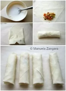 Collage showing how to wrap spring rolls with filling and seal with cornstarch mixture.