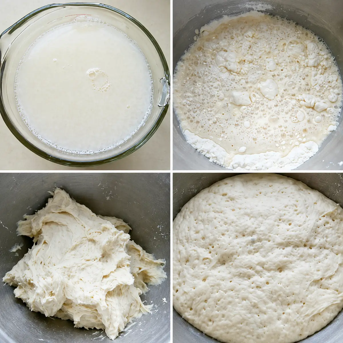 Yeast mixture and ciabatta dough at different stages before rising.