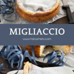 Migliaccio with creamy semolina and ricotta texture dusted with icing sugar on a plate.