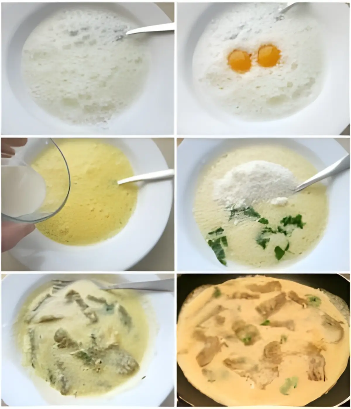 Bowls showing whisked egg whites, added yolks, milk, and cheese with parsley.