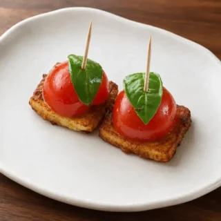 Cherry Tomato and Halloumi Bites served with fresh basil on a ceramic plate over a wooden board.