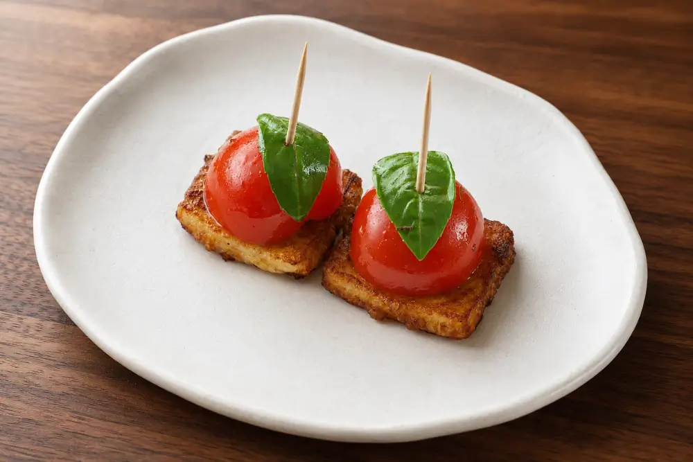 Cherry Tomato and Halloumi Bites served with fresh basil on a ceramic plate over a wooden board.