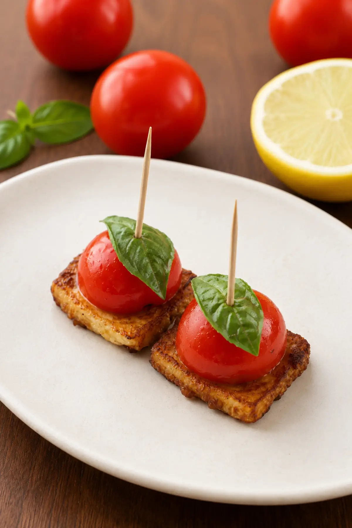 Close-up of crisp halloumi bites topped with cherry tomatoes, basil leaves and toothpicks.