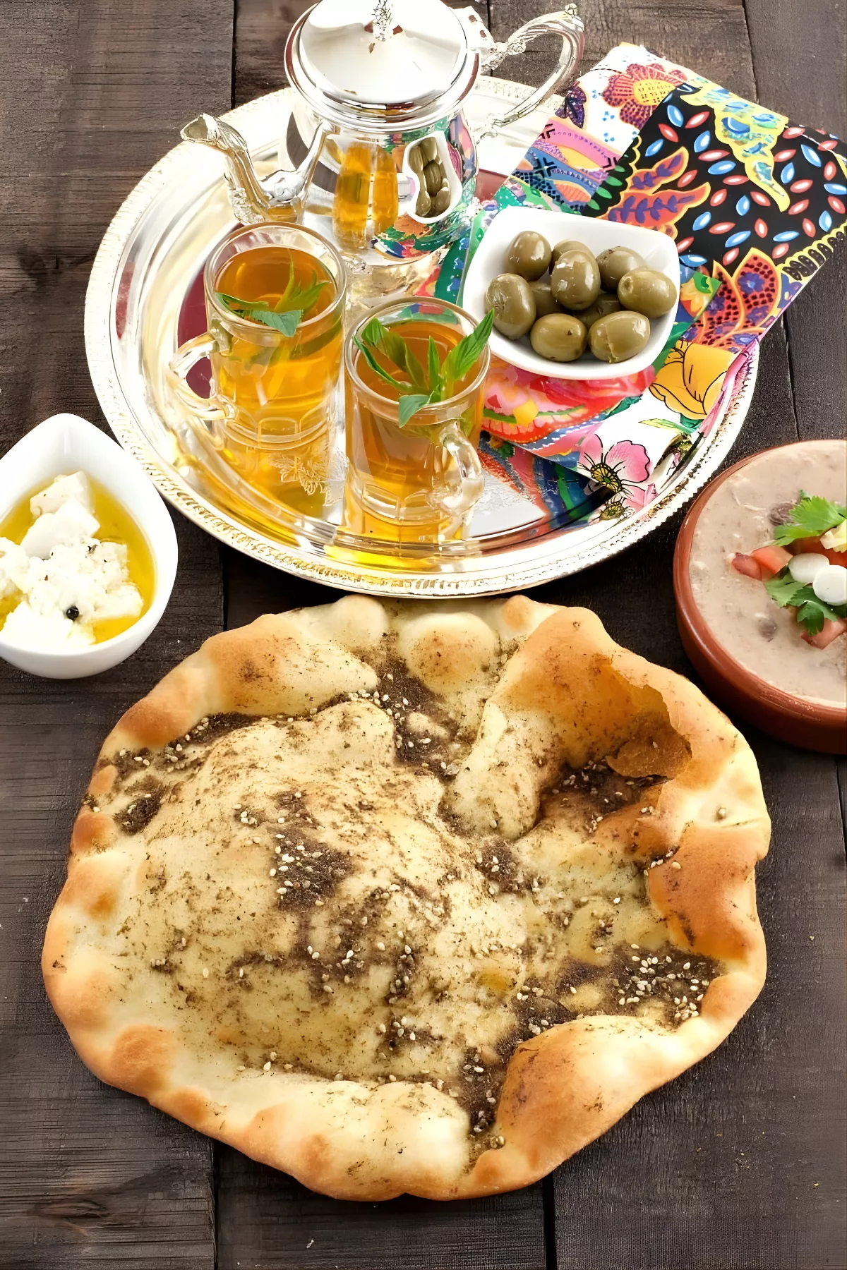 Homemade Za’atar Manouche on parchment paper beside mint tea and small bowls of olives and dips.