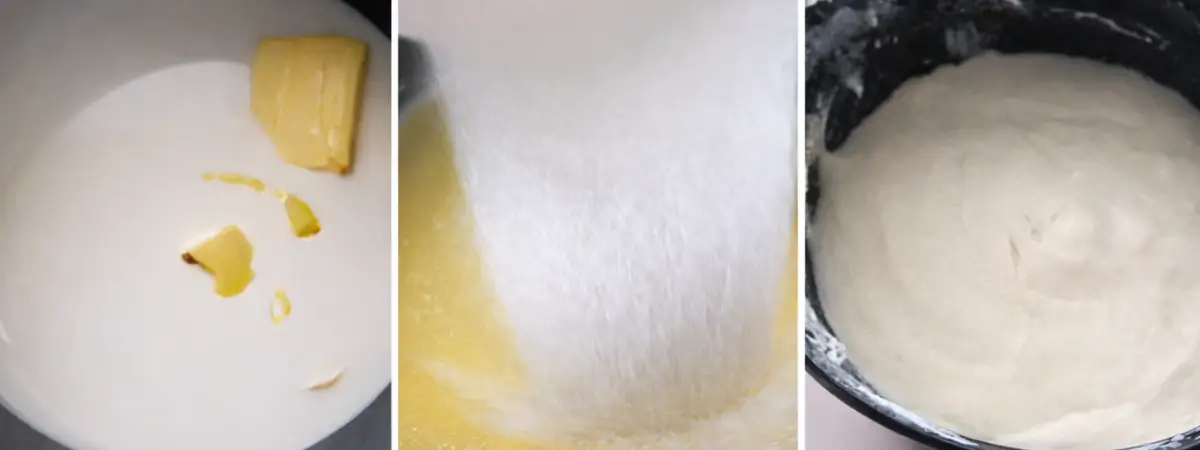 Milk, butter and lemon peel heating in a pot before adding semolina.