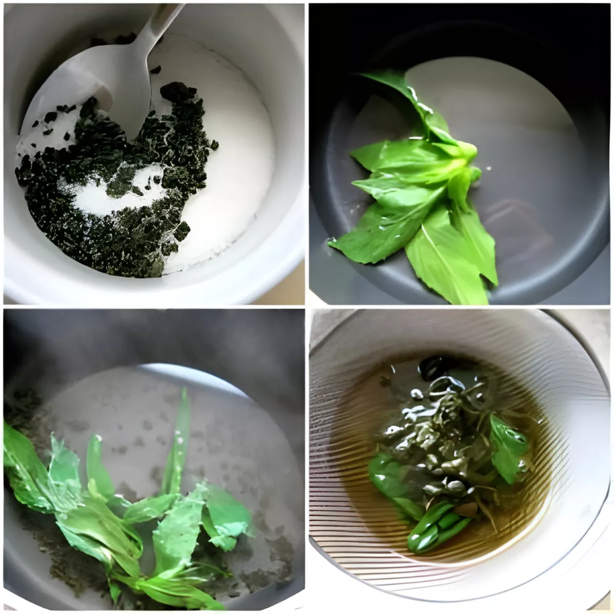 Collage showing steps of Moroccan mint tea preparation with tea leaves, sugar, mint, and steeping tea.