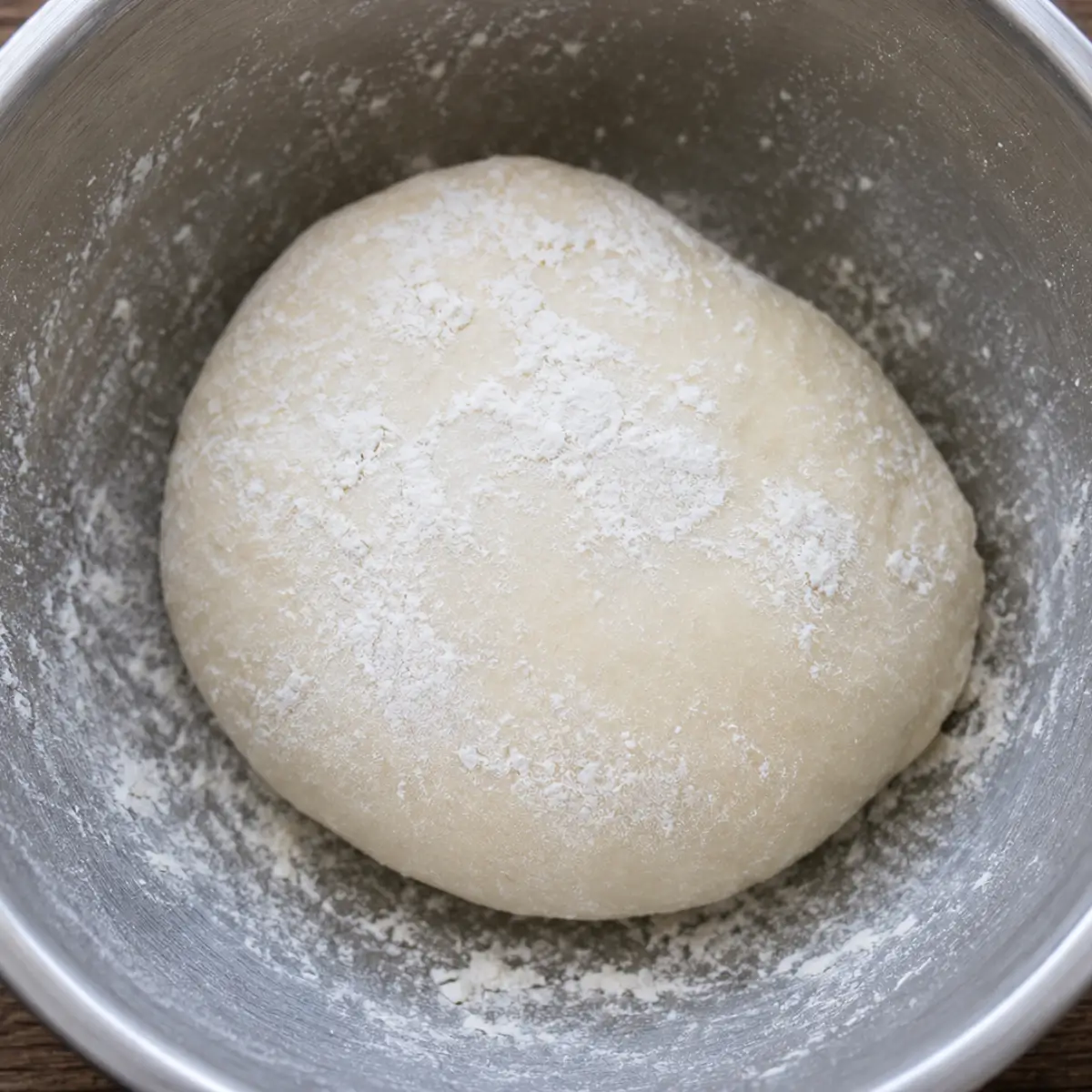 Soft bread dough after the first rise in a greased mixing bowl.