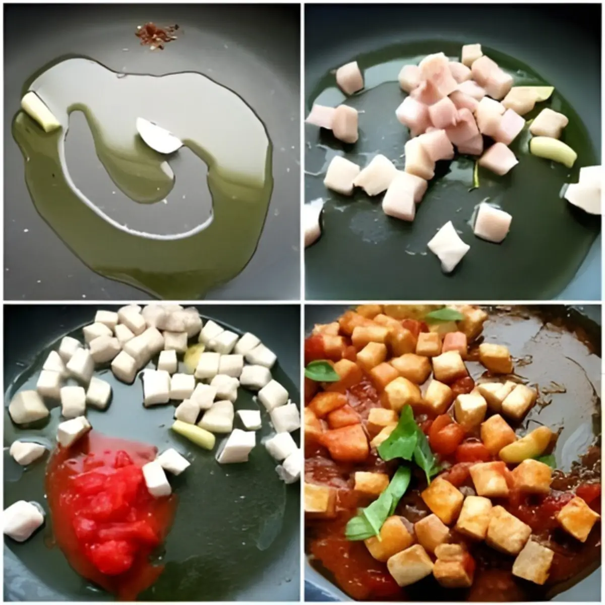 Swordfish cubes browning with garlic, tomatoes, and olive oil in a pan.