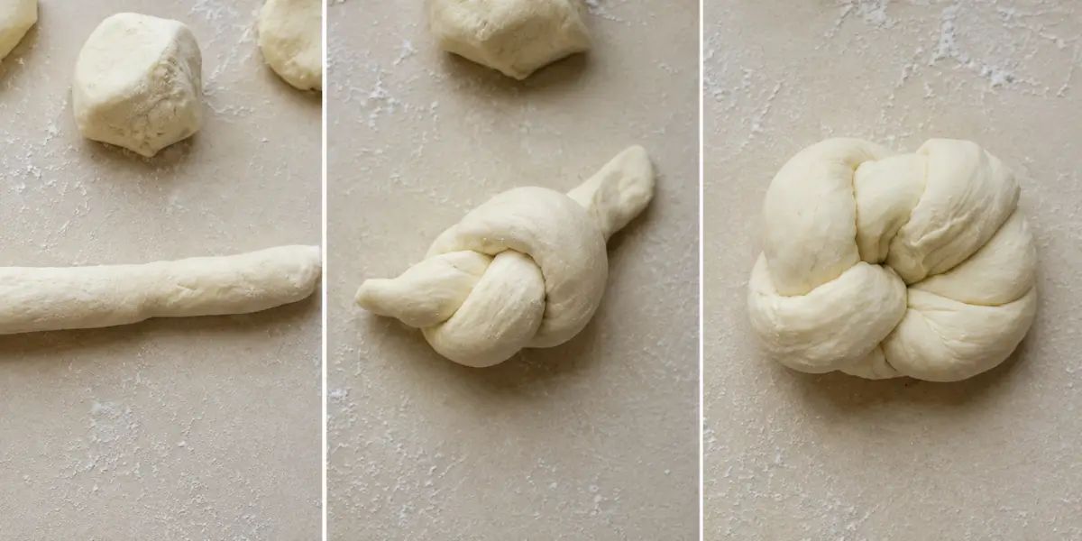 Dough shaped into ropes and tied into garlic knot shapes before baking.