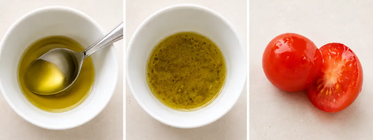 Olive oil vinaigrette alongside halved cherry tomatoes ready for assembling the bites.