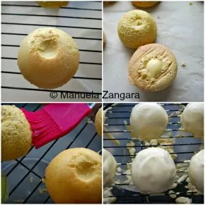 Filling and glazing the Delizie al Limone domes with lemon cream and Limoncello syrup.
