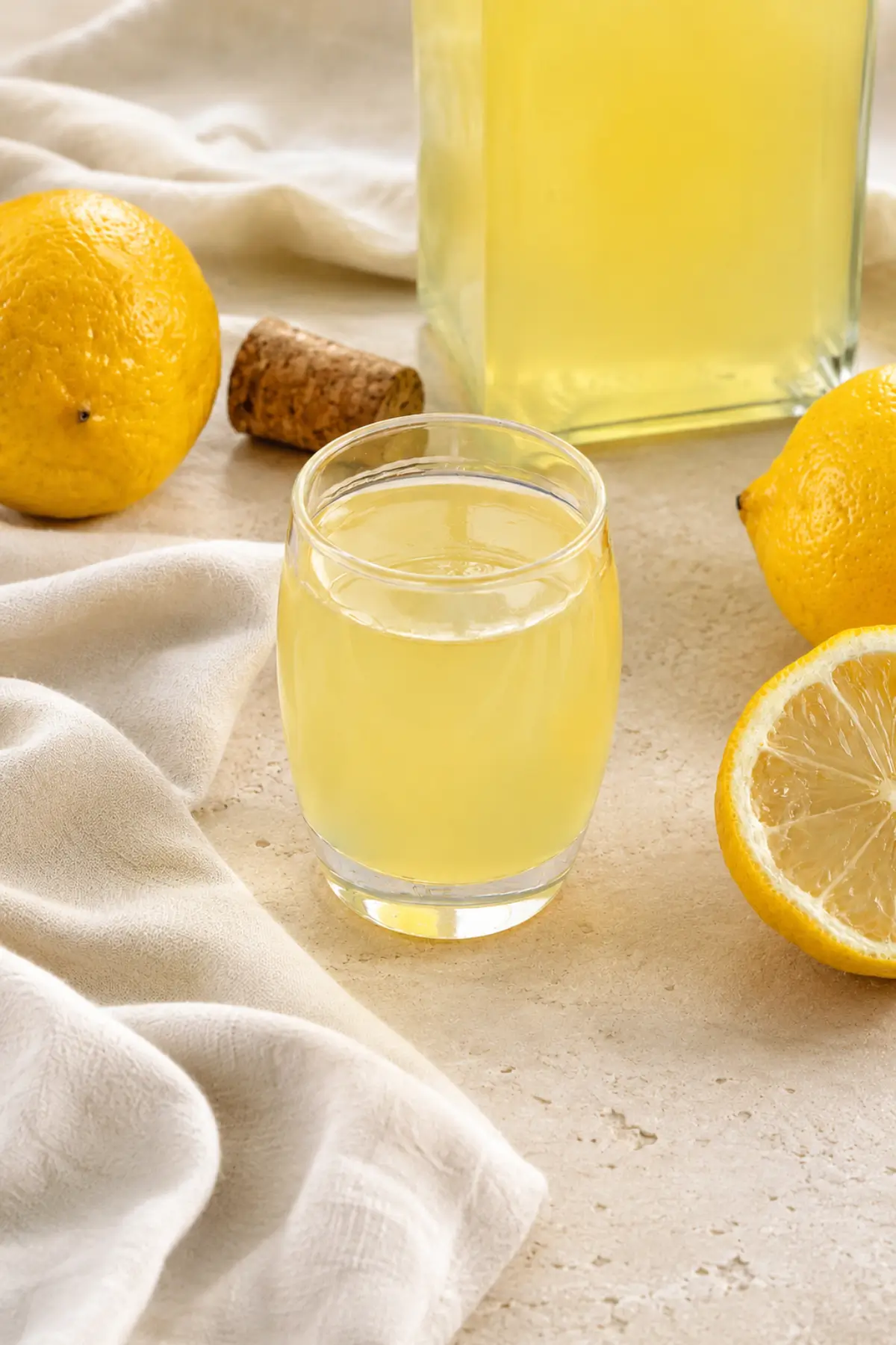 Chilled Italian lemon liqueur served in a glass with a bottle and fresh lemons.