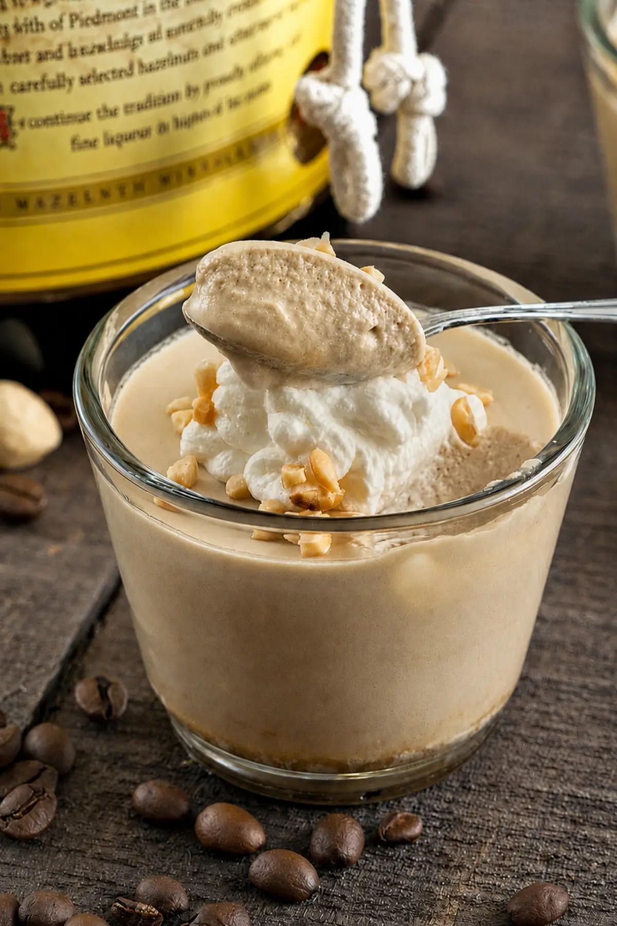Spoonful of coffee mousse lifted from a glass topped with whipped cream and chopped hazelnuts.