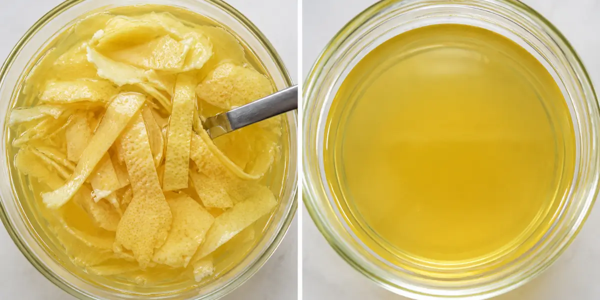 Lemon peel after infusing in alcohol alongside the strained Homemade Limoncello ready for bottling.