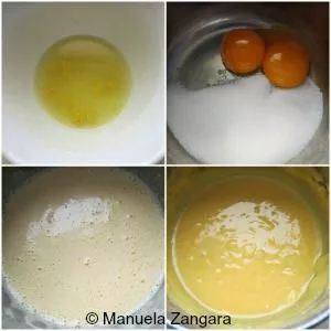Making the Lemon Cream for Delizia al Limone using lemon juice, zest, butter, and egg yolks.