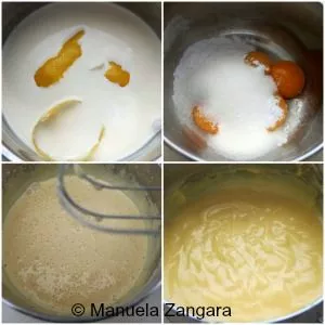 Preparing Lemon Crema Pasticcera for the Delizia al Limone, with milk, lemon peel, and egg yolks.