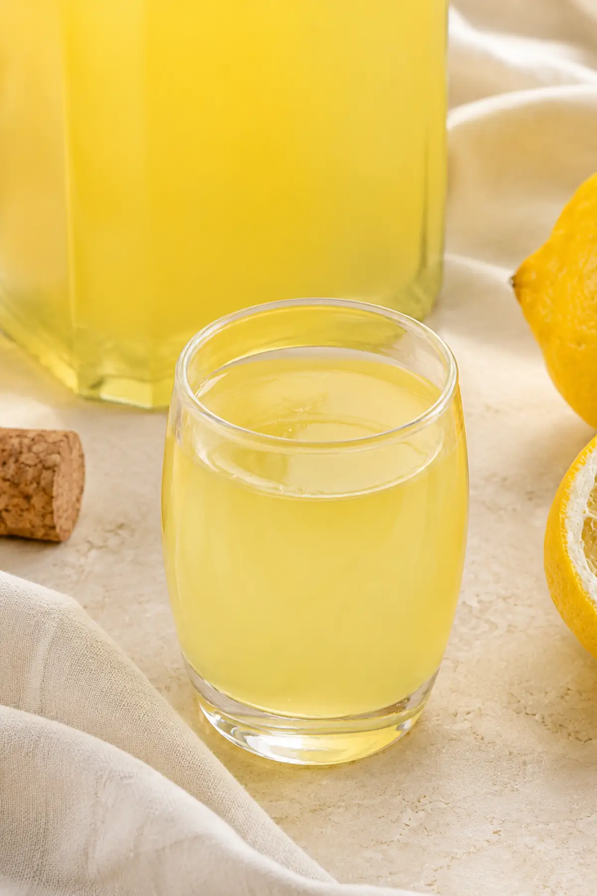 Glass of homemade lemon liqueur served with whole and halved lemons on the side.