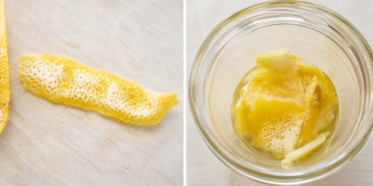 Lemon peel showing the white pith beside correctly peeled zest with most of the pith removed.