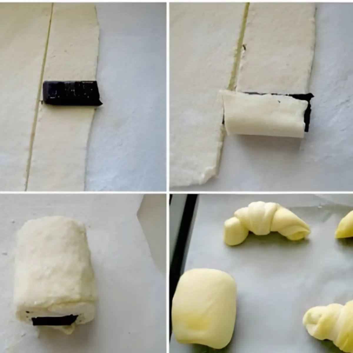 Chocolate stick placed on rolled pastry dough before shaping pain au chocolat.