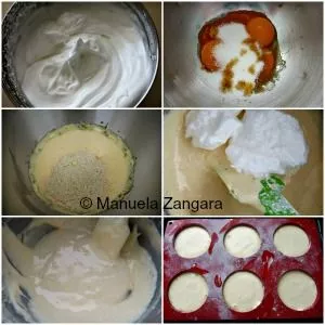Beating egg yolks and folding in flour and almond meal to make the soft sponge for Delizia al Limone.
