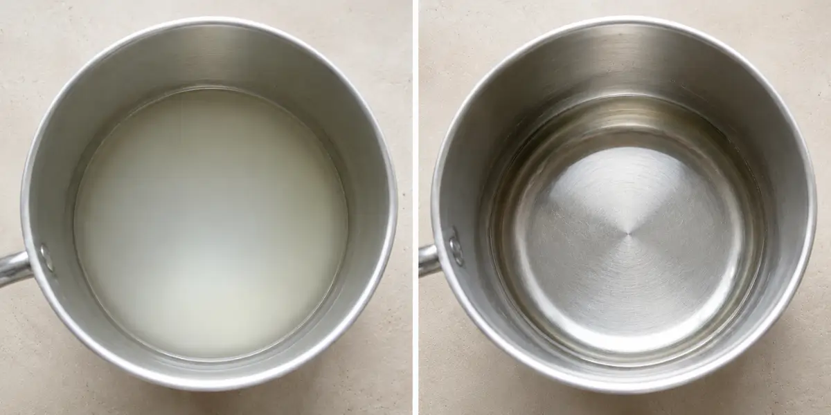 Sugar syrup before and after the sugar has dissolved for Homemade Limoncello.