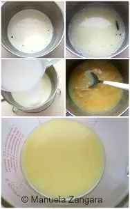 Mixing and heating milk, cream, and lemon infusion for Crema di Limoncello.