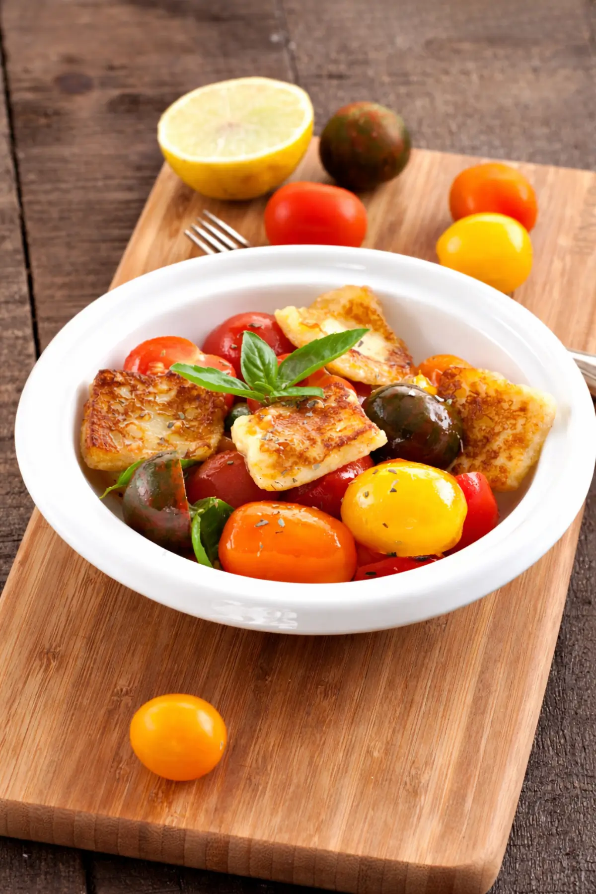 Tomato and Halloumi Salad with basil served in a white bowl.