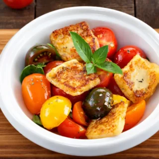 Halloumi and cherry tomatoes tossed together in a bowl with fresh basil.