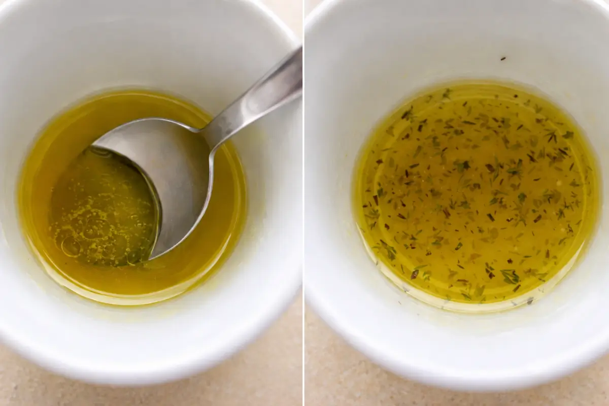 Extra virgin olive oil and lemon juice being mixed in a small bowl with a spoon.